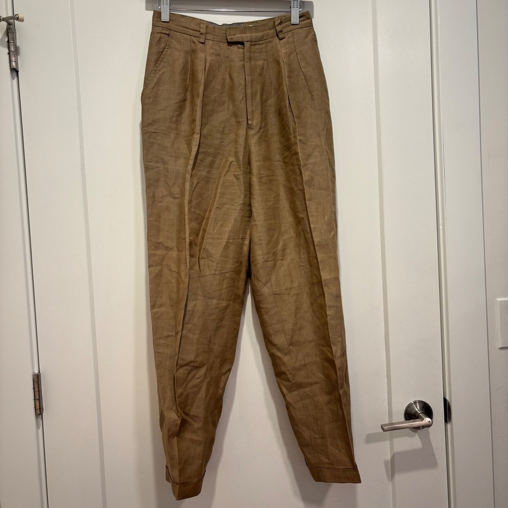 Linda Allard Ellen Tracy 100% Linen Pleated Tapered Pants Brown Size 6 Vintage